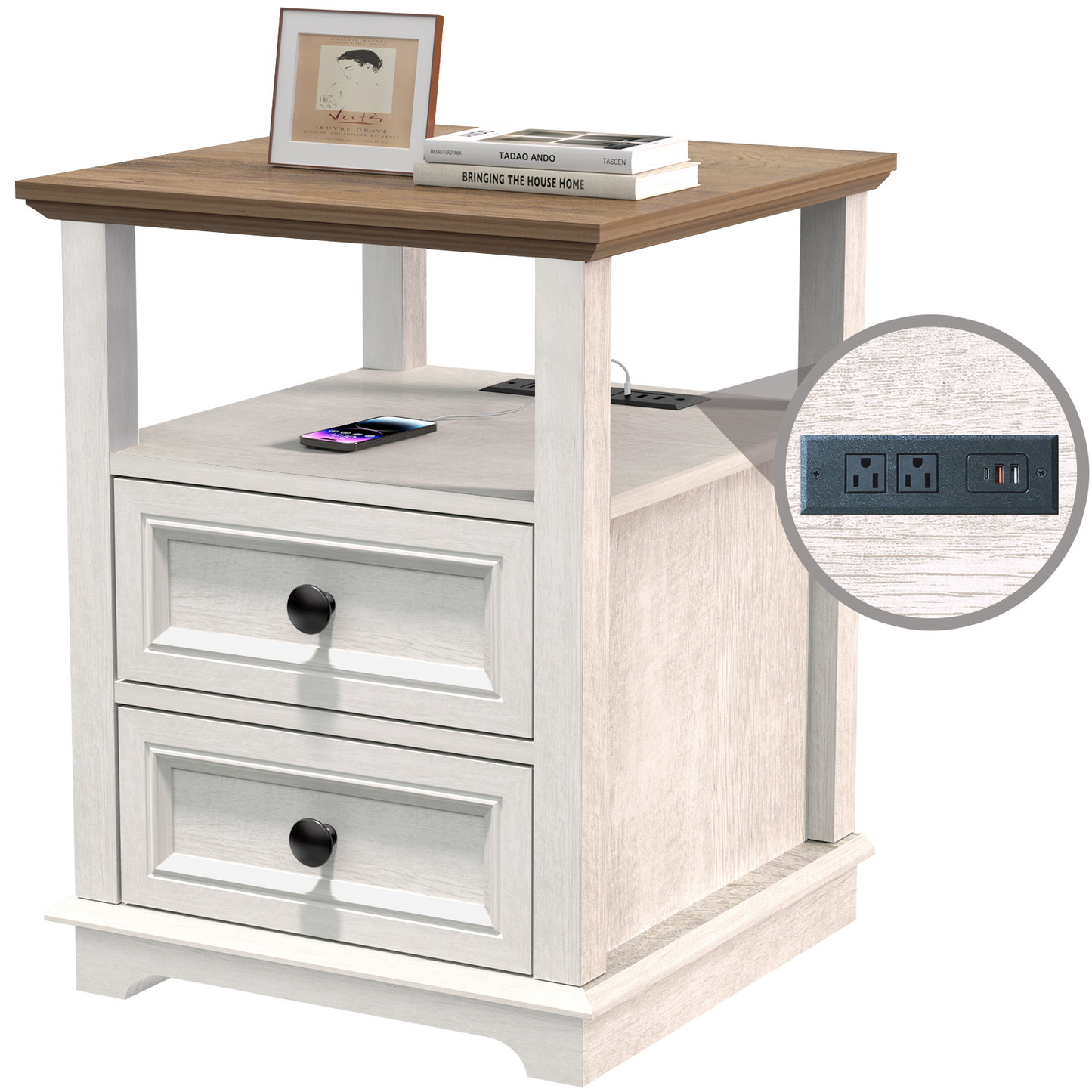 REDAYFUR End Table with Fast USB C Charging Station, 24” Tall Sofa Side Table with 2 Drawers, Large Storage Rustic Wood Square Storage Cabinet for Living Room,Bedroom,Office, White