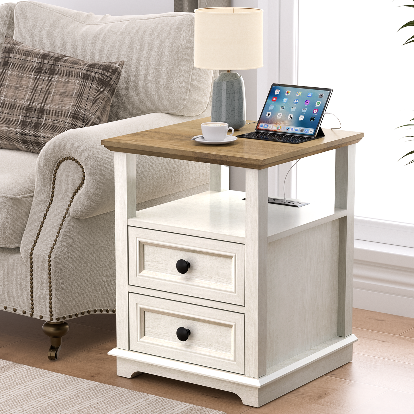 REDAYFUR End Table with Fast USB C Charging Station, 24” Tall Sofa Side Table with 2 Drawers, Large Storage Rustic Wood Square Storage Cabinet for Living Room,Bedroom,Office, White