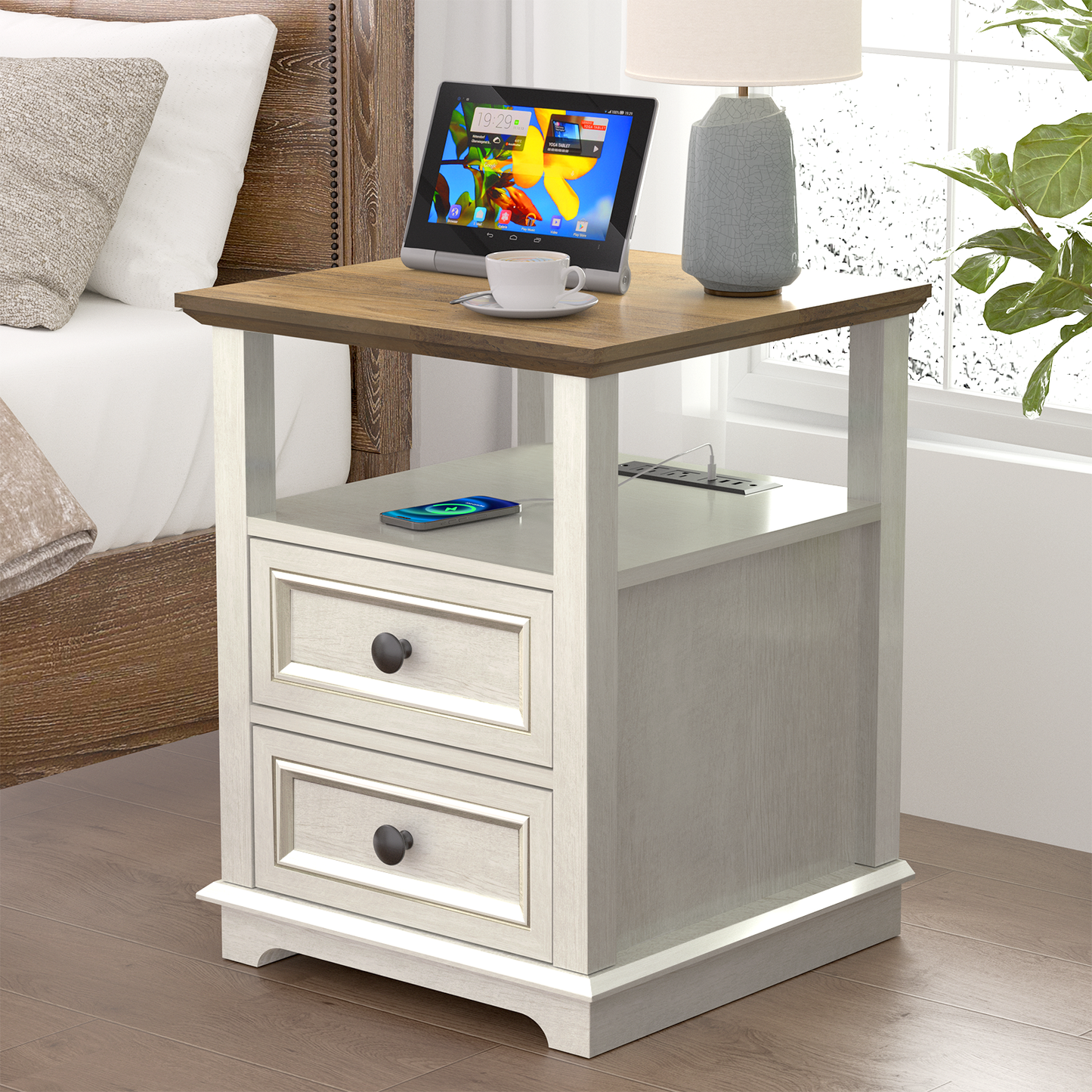 REDAYFUR End Table with Fast USB C Charging Station, 24” Tall Sofa Side Table with 2 Drawers, Large Storage Rustic Wood Square Storage Cabinet for Living Room,Bedroom,Office, White